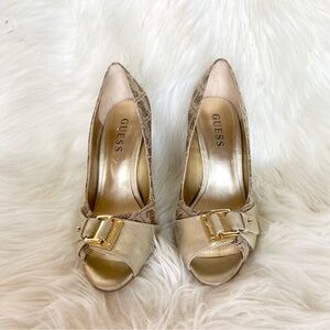 Guess Gold and Tan Peep-Toe Heels
